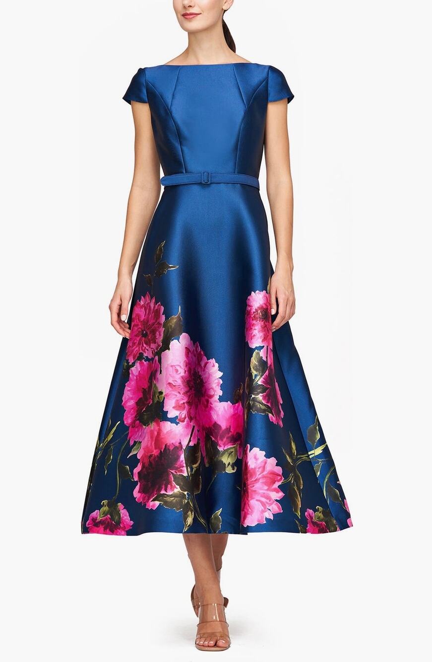 Kay Unger Ina Belted Midi Cocktail Dress - Dark Ink/french rose 6